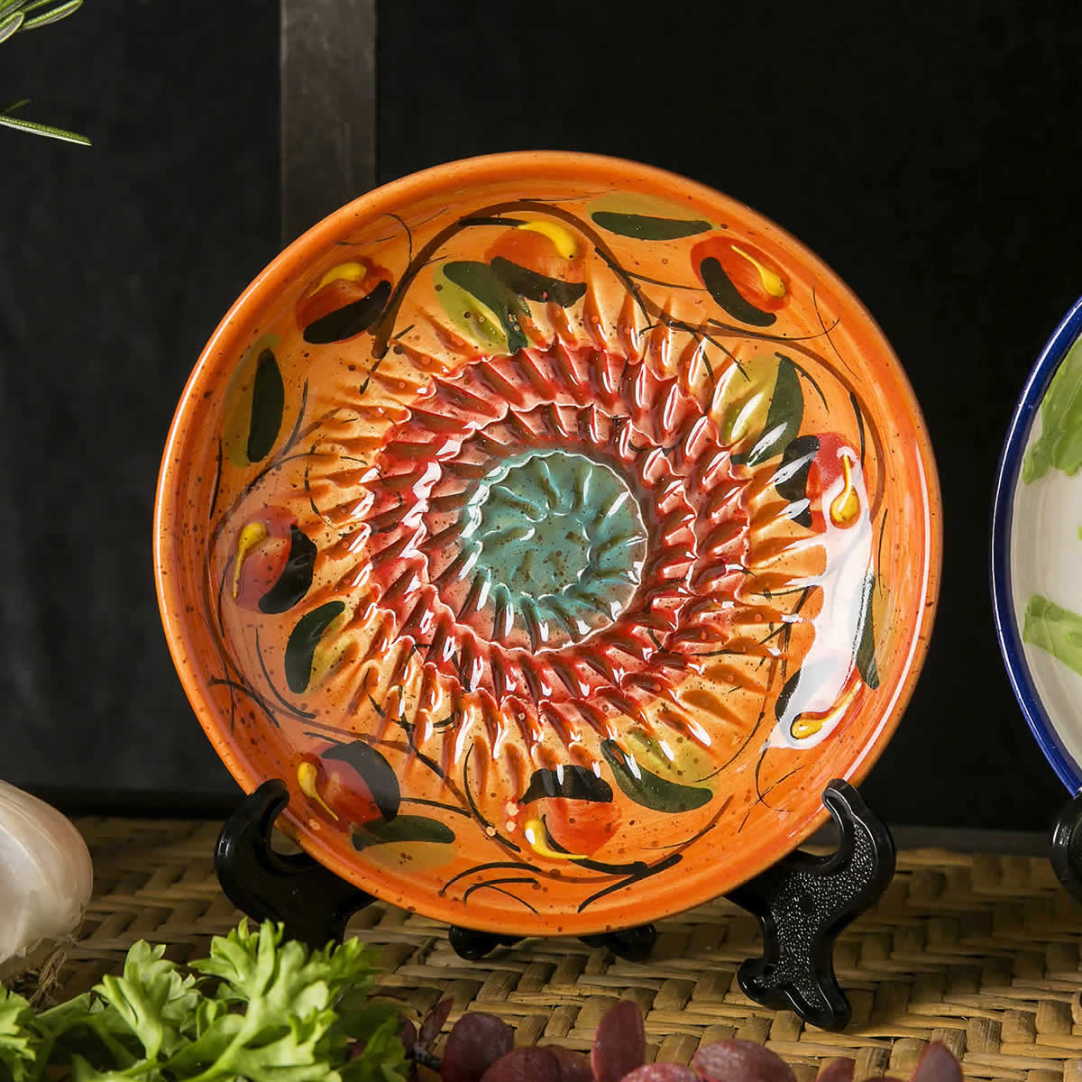 Spain Scroll. Lime Green Plate with Rainbow Circles #Ref 15 Garlic Grater Plate. Handmade and Hand Painted in Cordoba